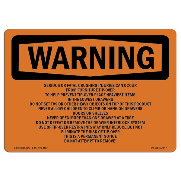 Signmission OSHA Sign, Tip-Over Hazard Do Not Attempt To Remove, 24in X 18in Alum, 18" W, 24" L, Landscape OS-WS-A-1824-L-12847 - main